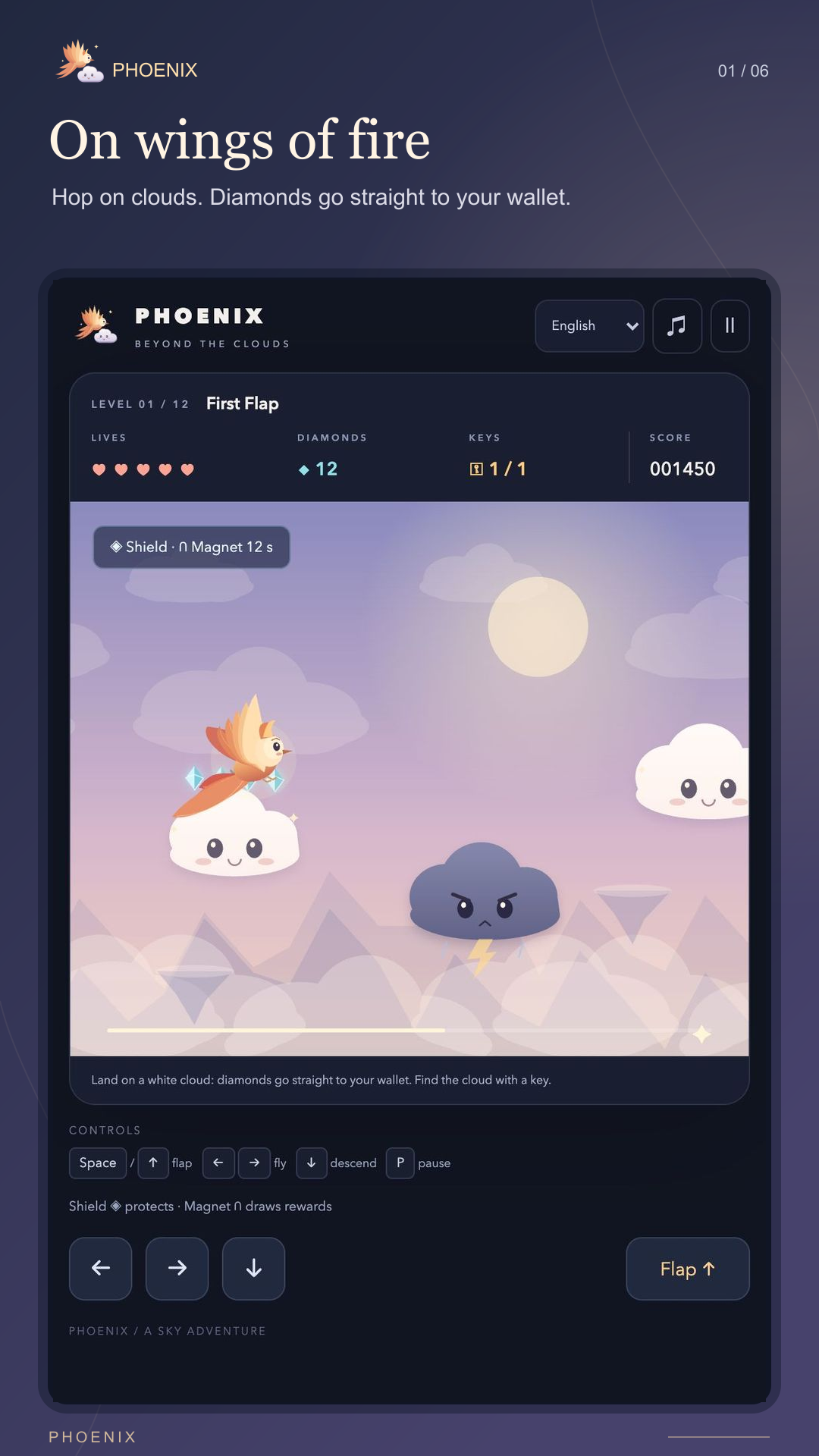 Phoenix: a golden bird hopping on friendly clouds in a pastel sky
